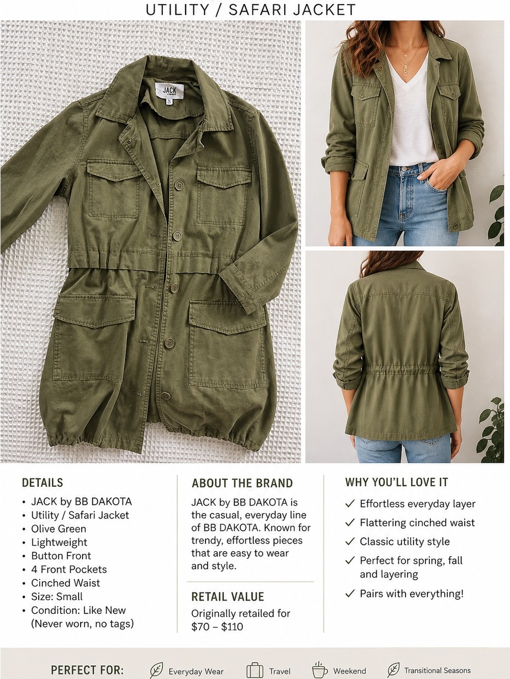 BB Dakota Olive Green Utility Jacket with Cinched Waist
